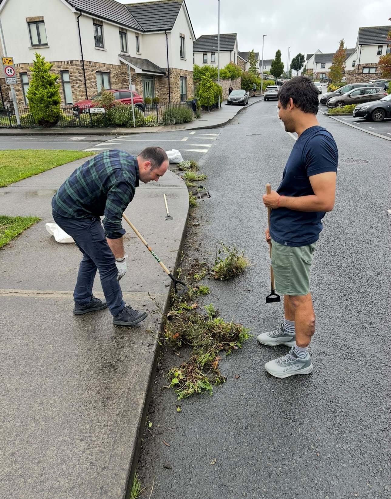 Digging out weeds along the kerb together